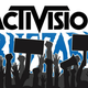 Protesters hold signs in front of Activision Blizzard